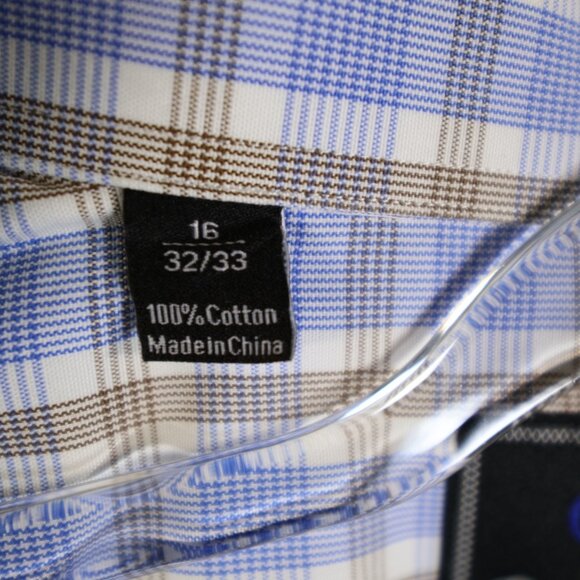 ♥️ 2+, David Donahue Men's 100% Cotton Blue Brown Check Dress Shirt 16 32/33 - Picture 4 of 7